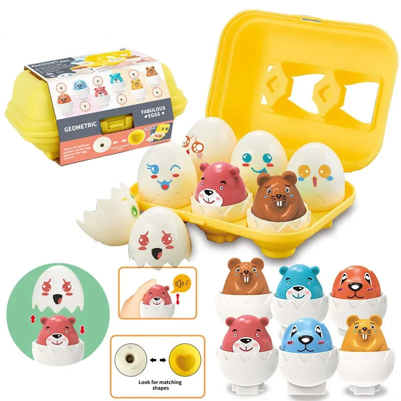 A yellow plastic egg-shaped puzzle set with various colored eggs and a mold for matching shapes.