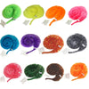 A collection of colorful magic worms on strings, including green, yellow, orange, pink, blue, purple, and gray varieties.