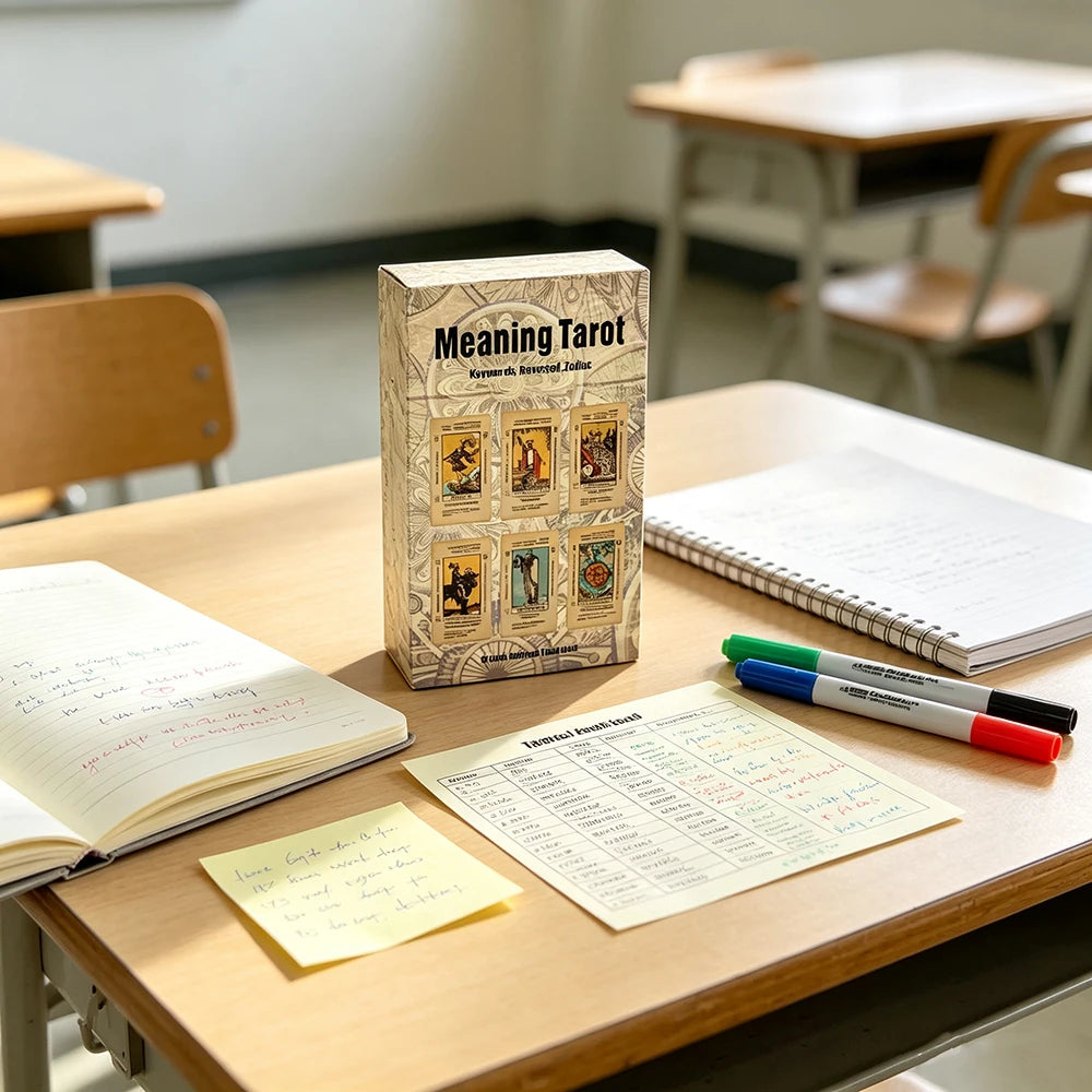 A wooden tarot card deck stands on a table next to an open notebook and a yellow note.