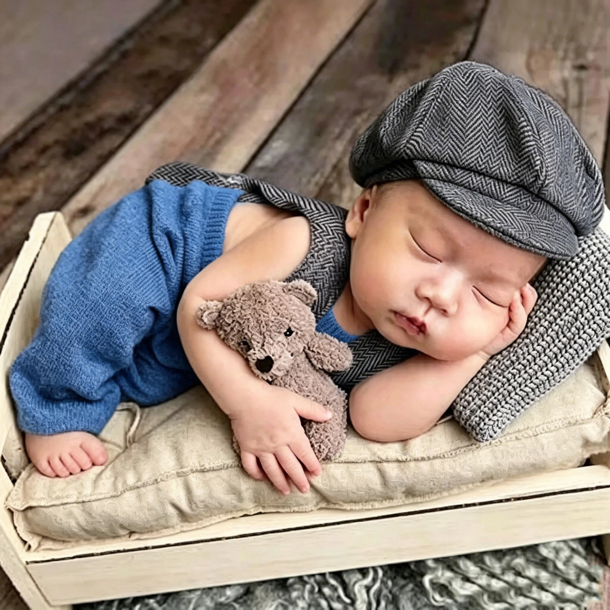 A newborn baby sleeping wearing a gray newsboy cap and a blue knit romper, resting on a light fabric.