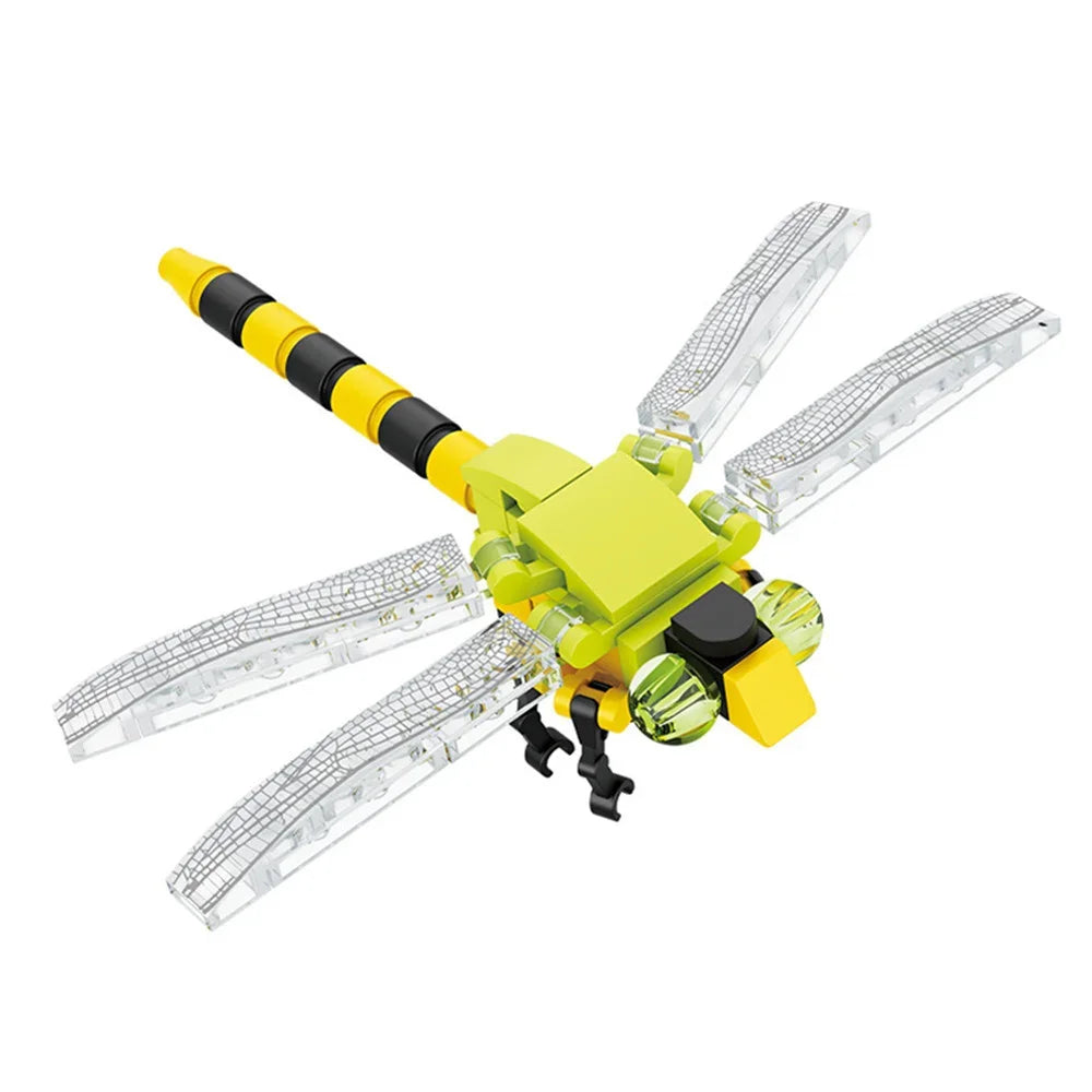 A yellow and black insect building block set featuring a bee or similar creature with translucent wings.