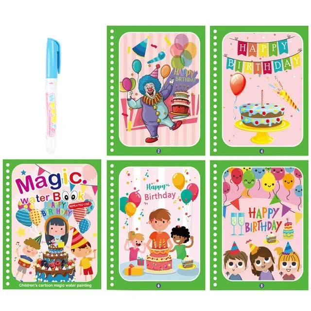 A set of colorful pages from a magic water coloring book featuring birthday themes and characters.