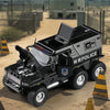 A black SWAT City Police truck diecast toy with lights and sounds parked on a dirt road.