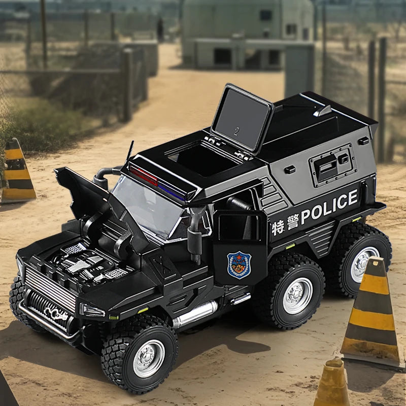 A black SWAT City Police truck diecast toy with lights and sounds parked on a dirt road.