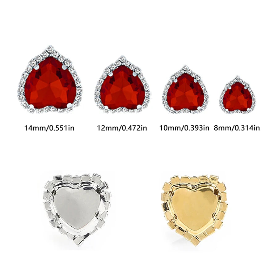 A set of heart-shaped flatback sew-on rhinestones in various sizes and shades of red and clear stones.