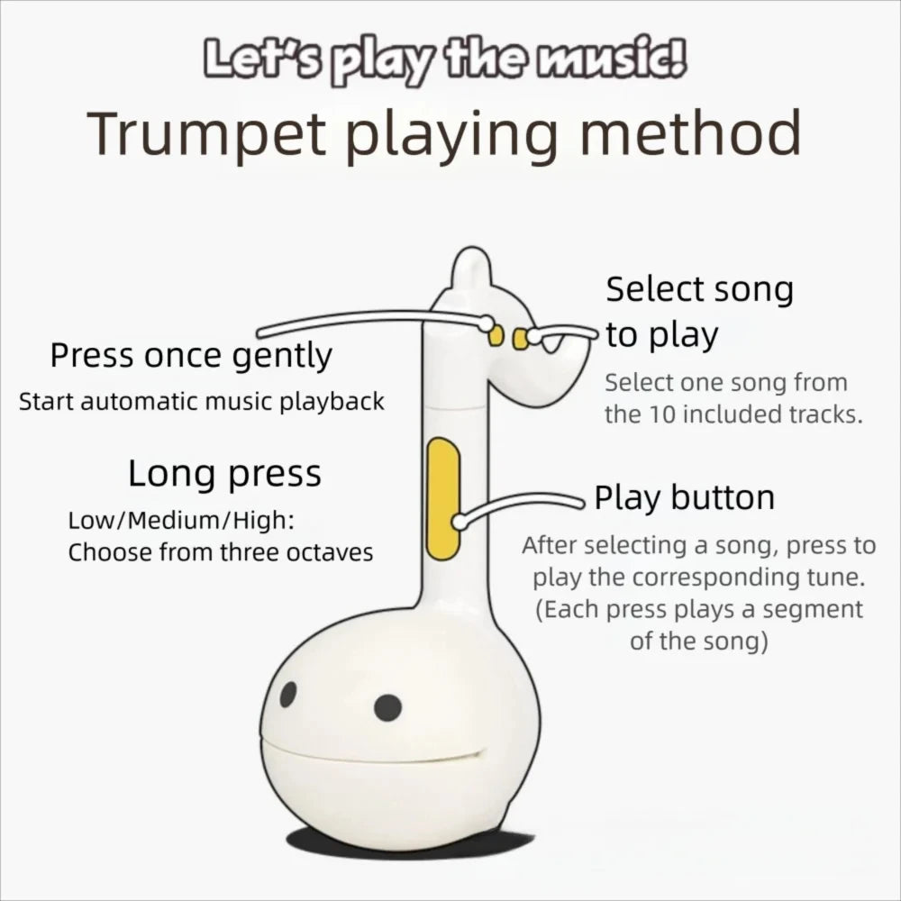 A white Otamatone mini electronic musical instrument toy with a long neck and a play button.