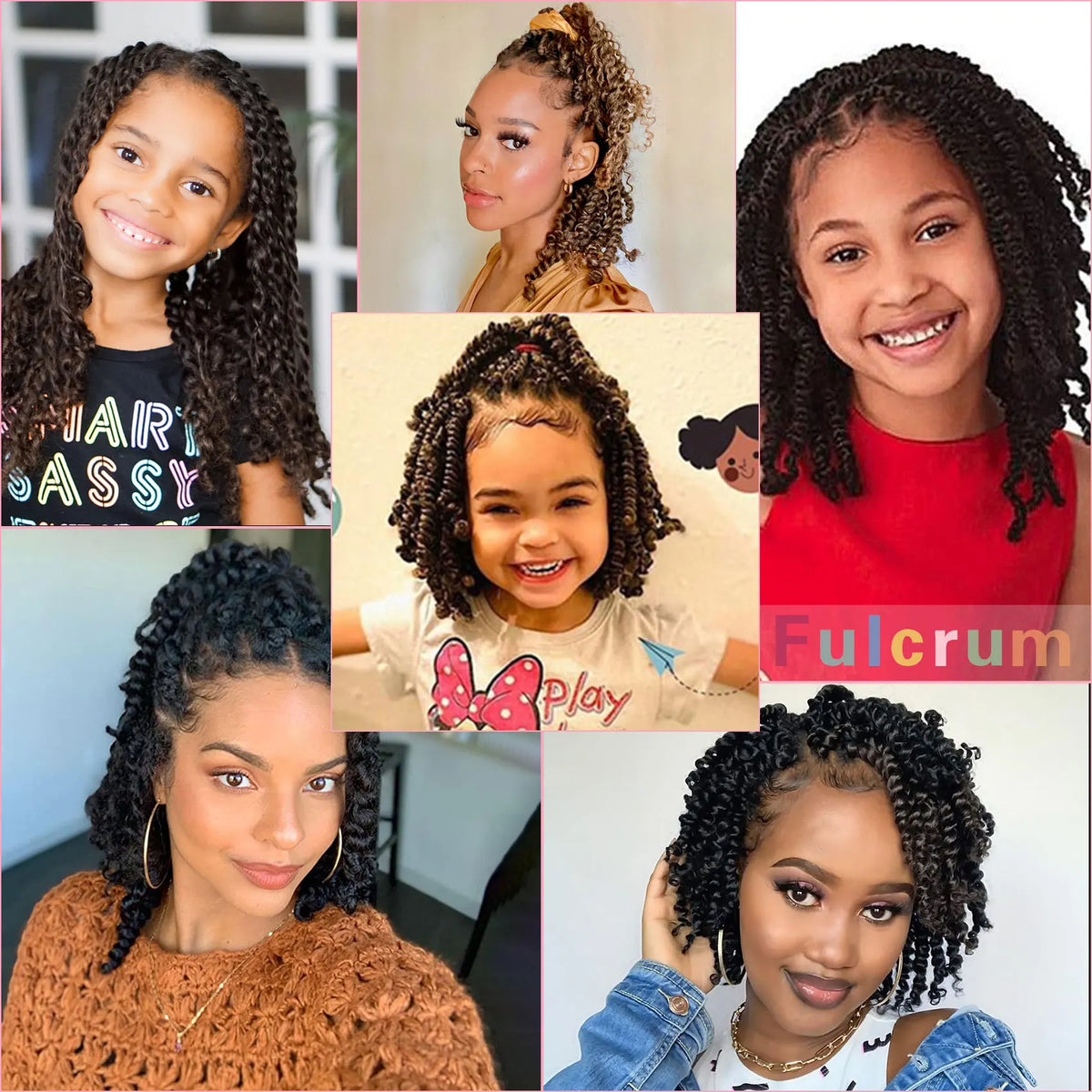 A collage of various styles and colors of pre-looped passion twist crochet hair for black women.
