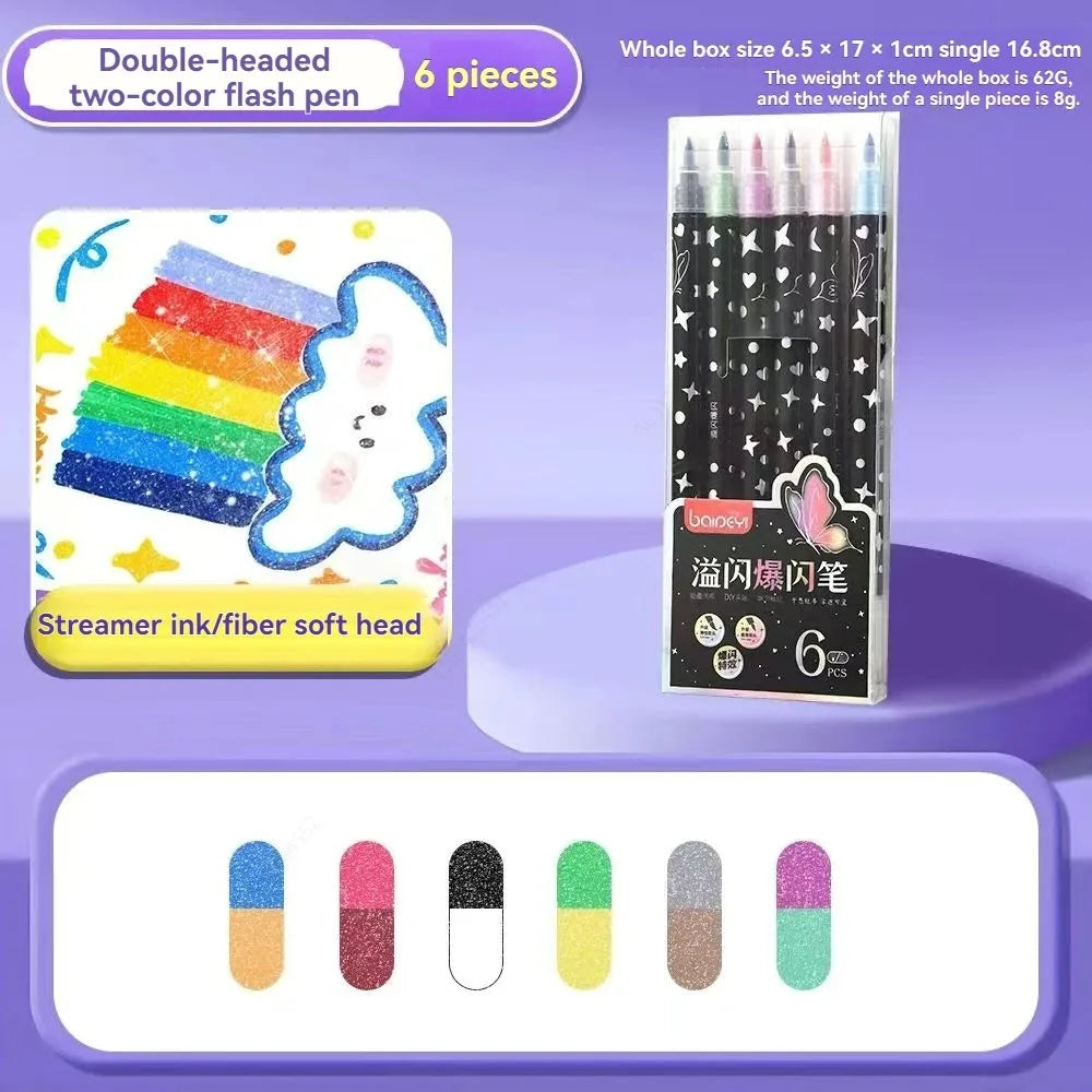 A set of six dual-headed two-color flash pens with metallic glitter finish and a corresponding color palette.