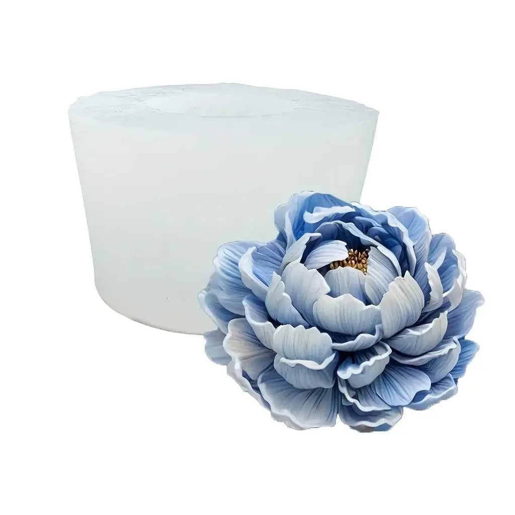 Moule à bougie en silicone bleu clair en forme de pivoine pleine.