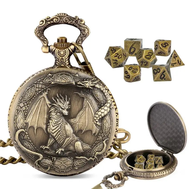 Metal Polyhedral Dice Set with Pocket Watch Case