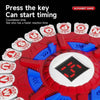 A close-up of a red and white alphabet game card with a countdown timer mechanism.