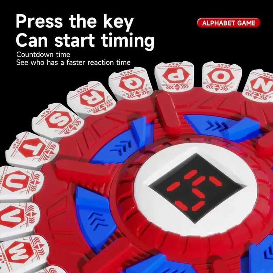 A close-up of a red and white alphabet game card with a countdown timer mechanism.