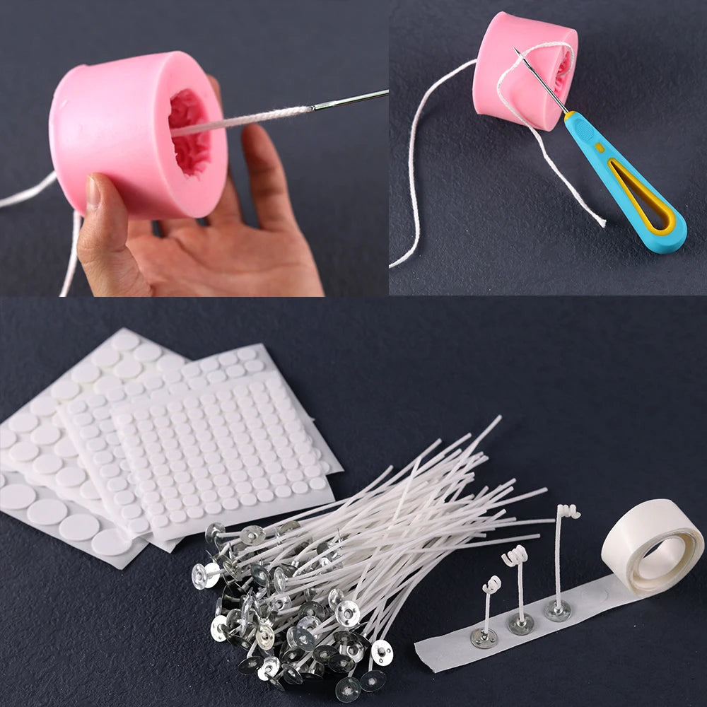 A set of pre-waxed cotton candle wicks with metal sustainers and a pink wax container.