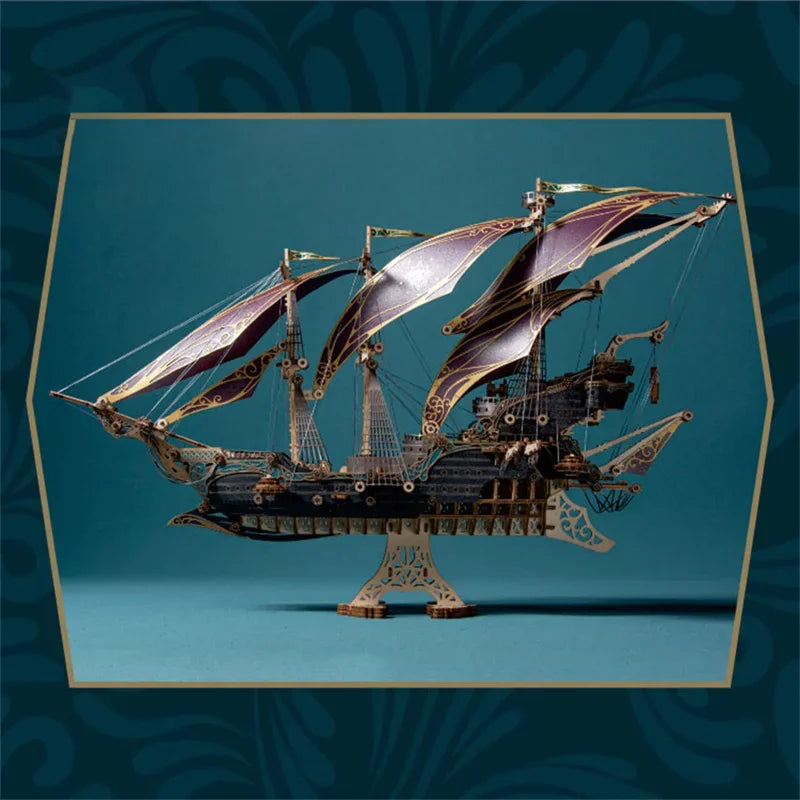 A detailed 3D wooden puzzle model kit of a steampunk pirate ship with sails and rigging.