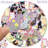 A circular arrangement of 50 cute cartoon cat stickers in various colors and styles.