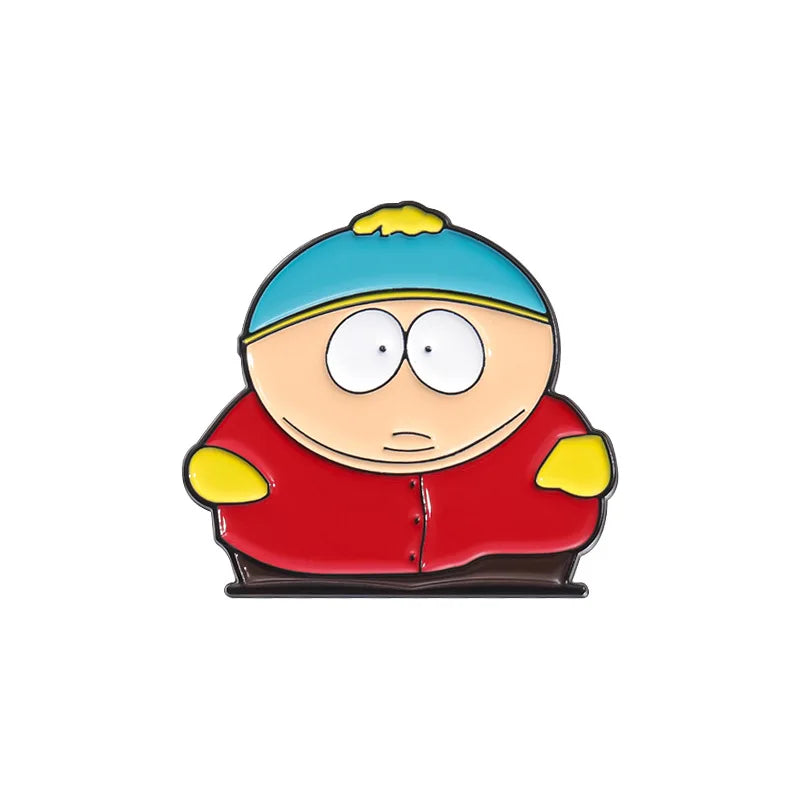 A cartoon enamel pin featuring a character with blue hair and a red jacket.