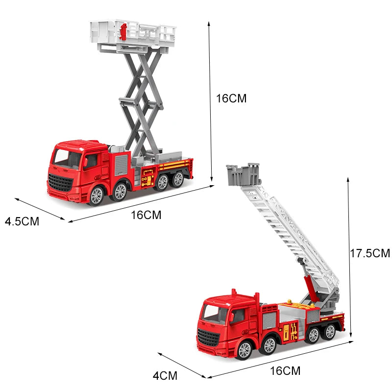 A red die-cast fire fighting vehicle set featuring a truck and an attached ladder truck with a long extension ladder.