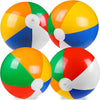 A colorful rainbow striped inflatable beach ball with a white valve visible.