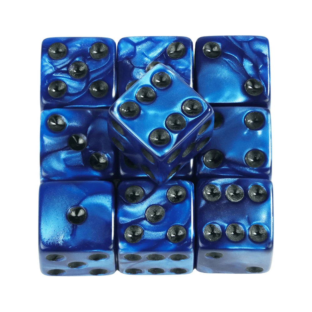 A set of ten blue marble acrylic dice in various sizes and orientations.