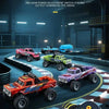 A remote control off-road car is shown in a dark industrial setting, featuring a 3-speed power adjustment switch.