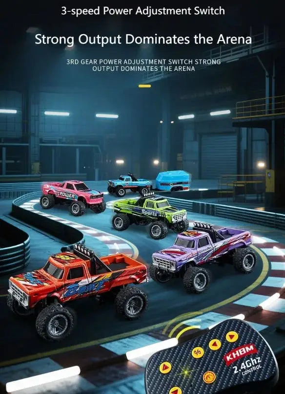 A remote control off-road car is shown in a dark industrial setting, featuring a 3-speed power adjustment switch.