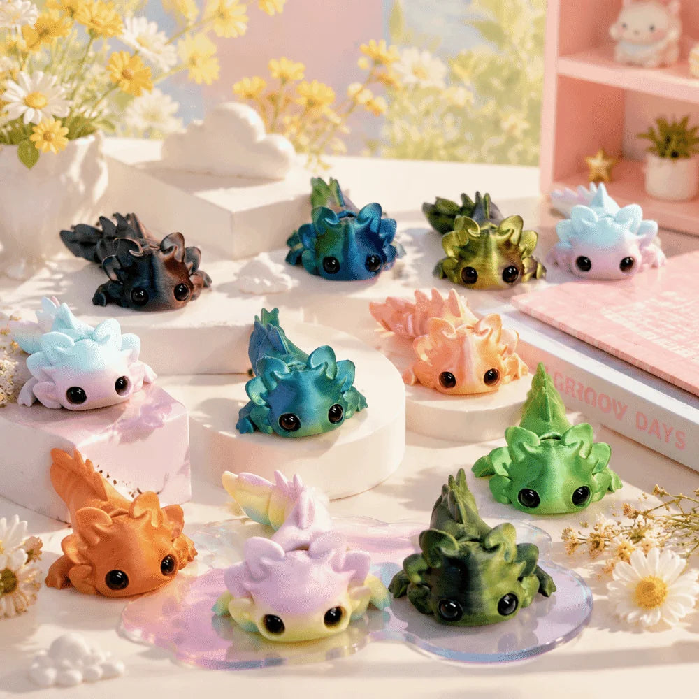 A collection of eight colorful flexible salamander figurines in various shades of green, blue, and orange arranged on a white