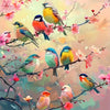 A vibrant painting featuring several colorful birds perched on branches with pink and red flowers.