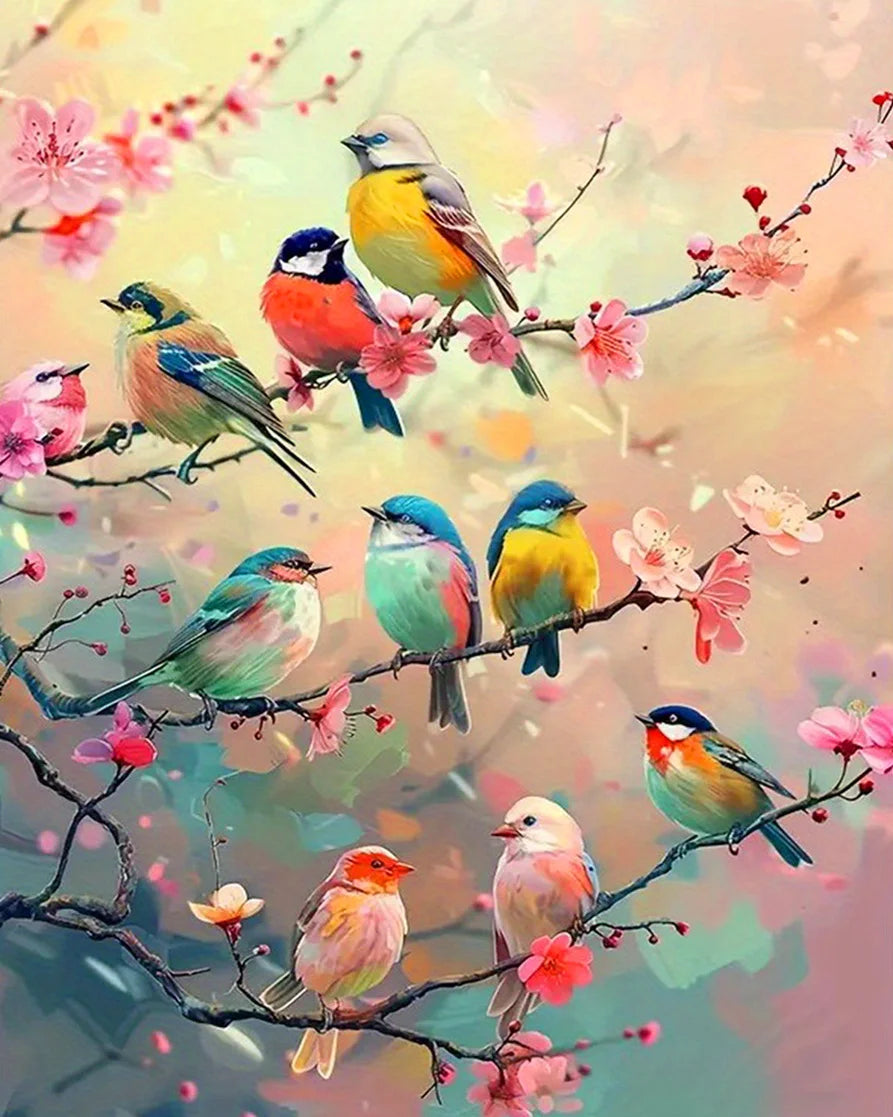 A vibrant painting featuring several colorful birds perched on branches with pink and red flowers.