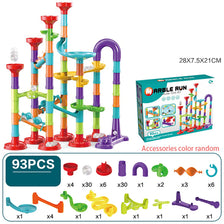 A set of colorful plastic marble run building blocks and accessories for kids