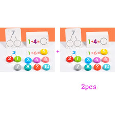 A set of wooden arithmetic cards for a matching game featuring addition and subtraction problems.