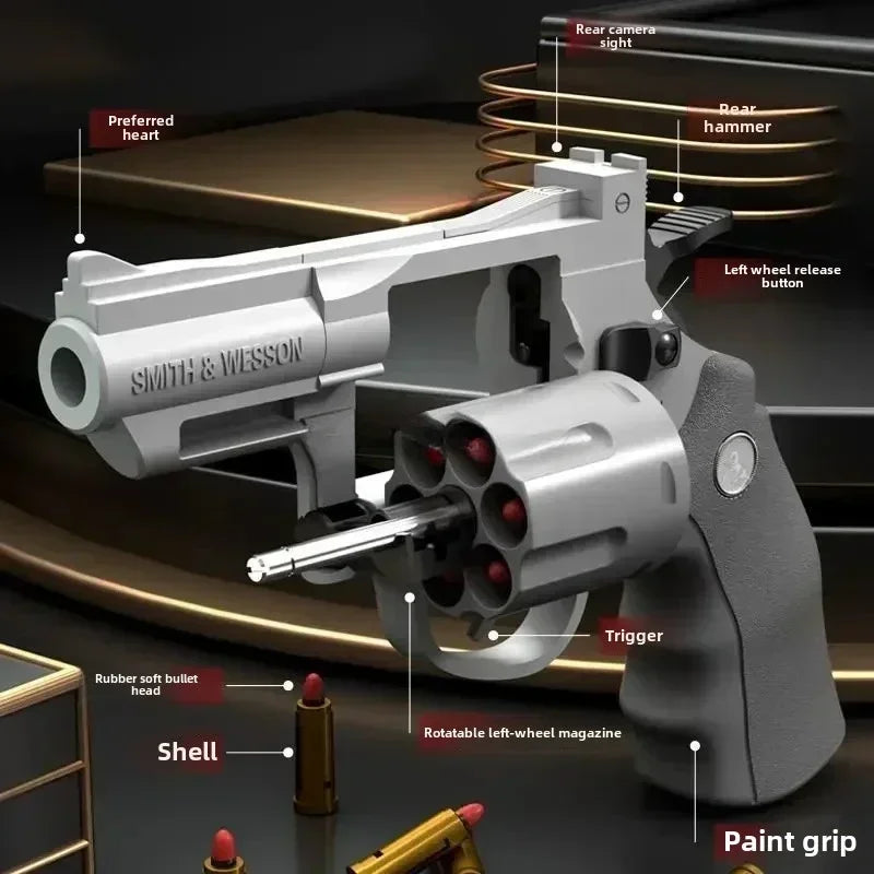 Pistolet jouet à fusée de feu argent continu avec poignée et chargeur, montré en détail.
