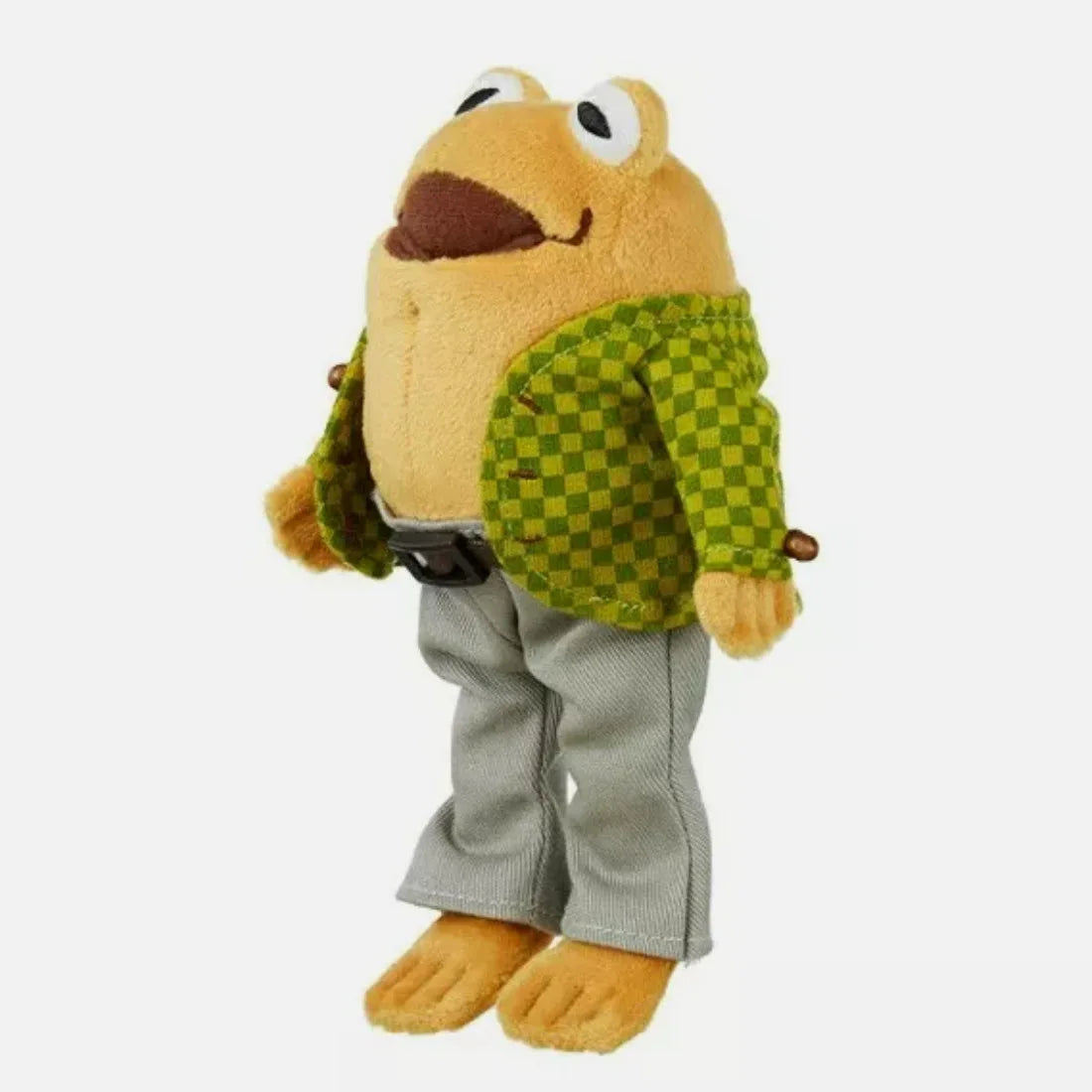 A plush toy of a cartoon hero resembling a frog, wearing a green checkered shirt and gray pants.