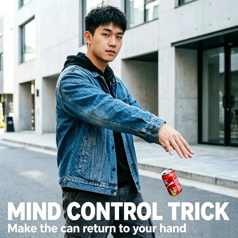 A young man in a denim jacket holds a red can, demonstrating a mind control trick.