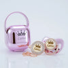 A pink and rose gold bling pacifier and clip gift set with a crown design.