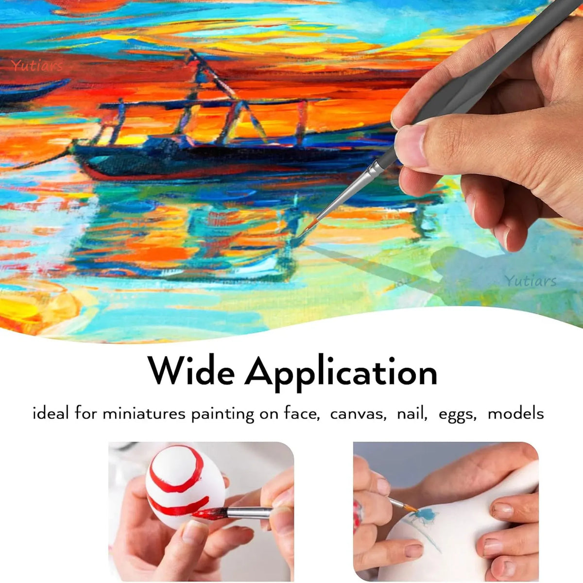 A hand holds a fine detail paint brush applying paint to a vibrant oil painting of a boat on water.