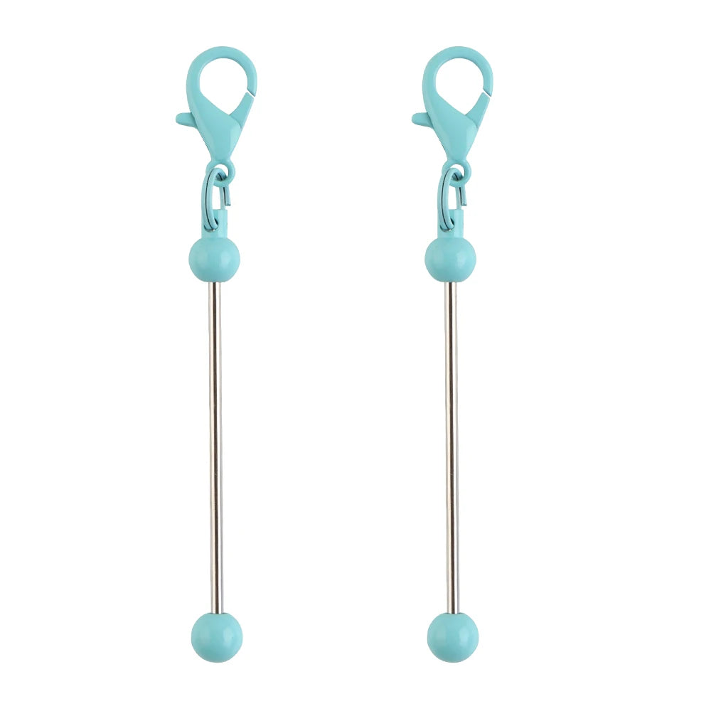 A pair of light blue metal keychain bars with lobster clasps for DIY jewelry making.