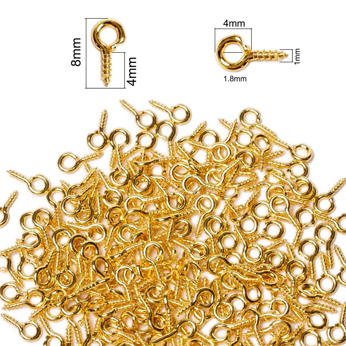 A pile of gold-colored metal eye pins for jewelry making and DIY crafts, showing various sizes and styles.