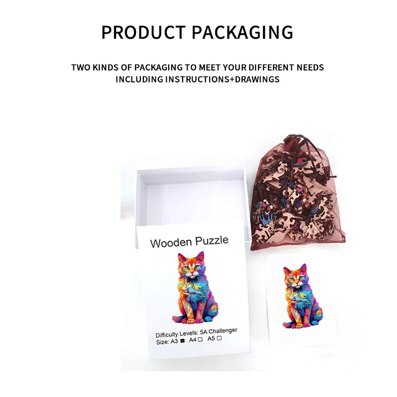 Packaging for an elephant wooden puzzle including instructions and drawings.