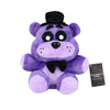 Purple plush toy of a bear character with black accents and a bow tie.