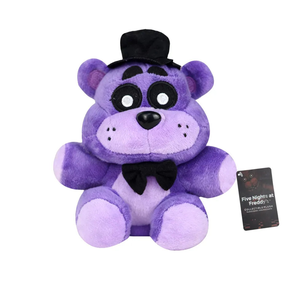 Purple plush toy of a bear character with black accents and a bow tie.