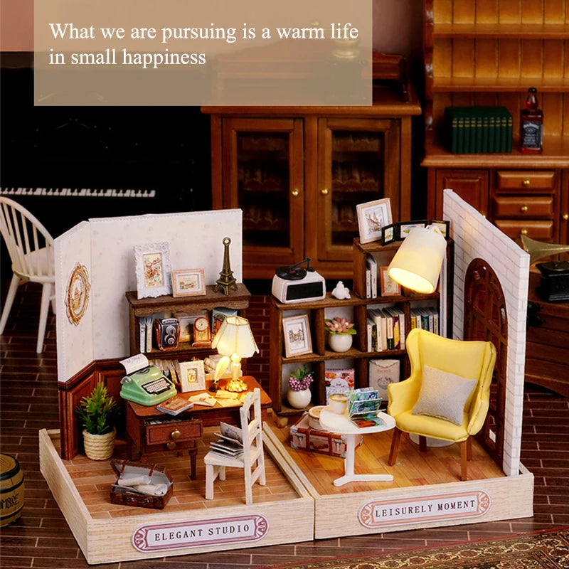 DIY Miniature Wooden Dollhouse Kit with LED Lighting
