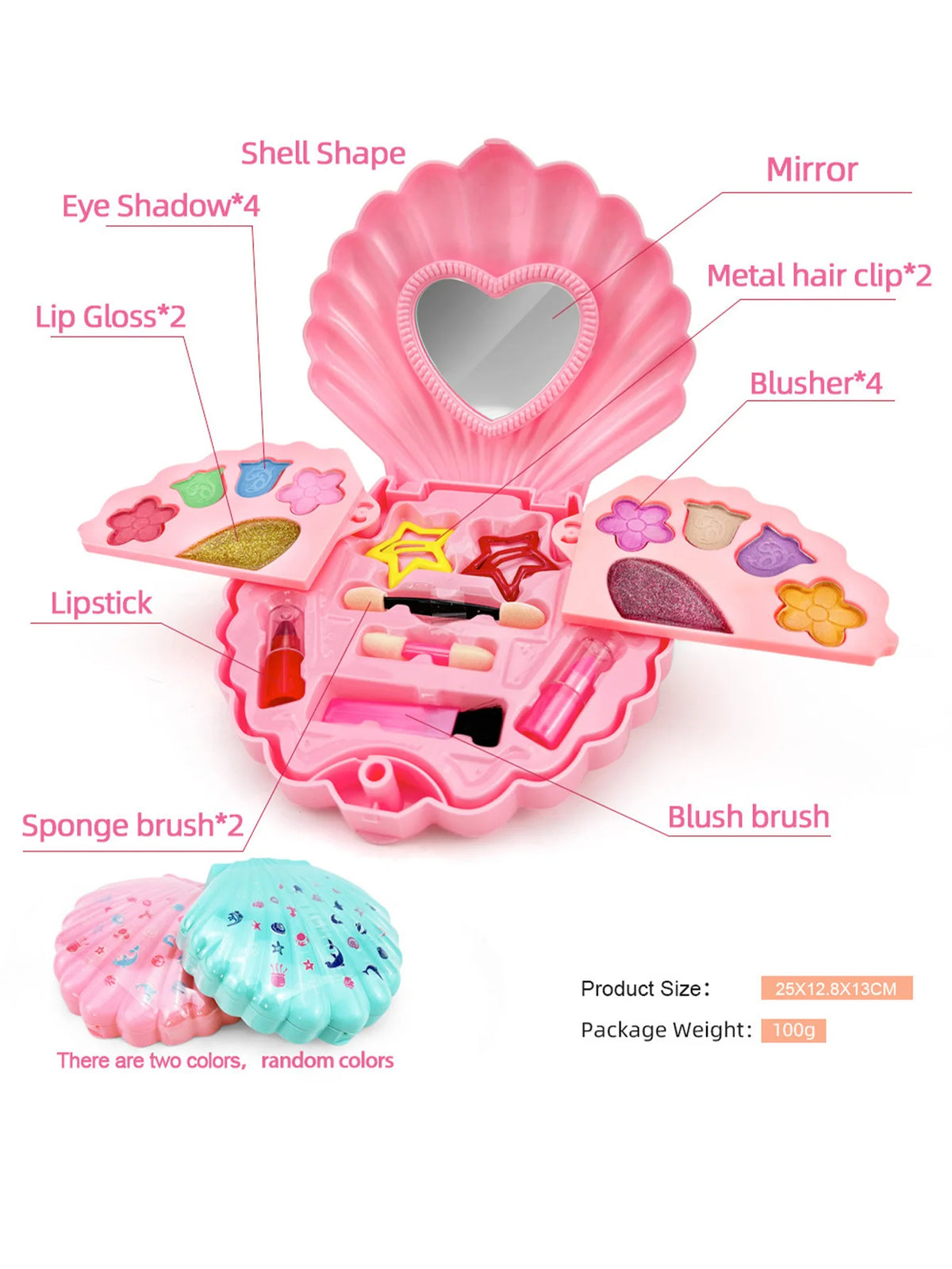 Pink princess makeup toy set featuring a shell-shaped case with mirror, various makeup products, and brushes.
