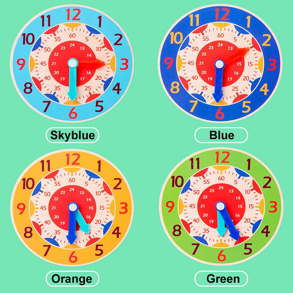 Five colored wooden Montessori clock toys showing different time markings and hands.