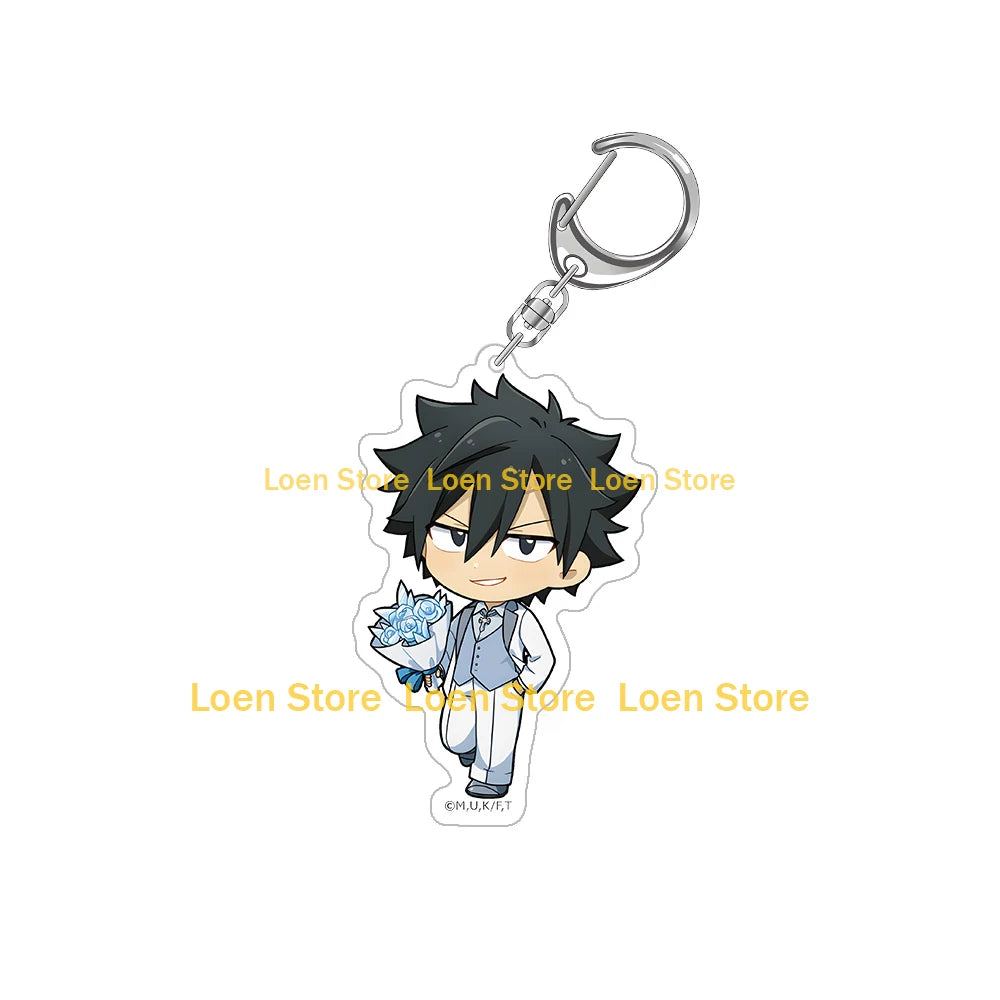 Chibi acrylic keychain of a male character with spiky black hair wearing a suit and holding a blue flower.