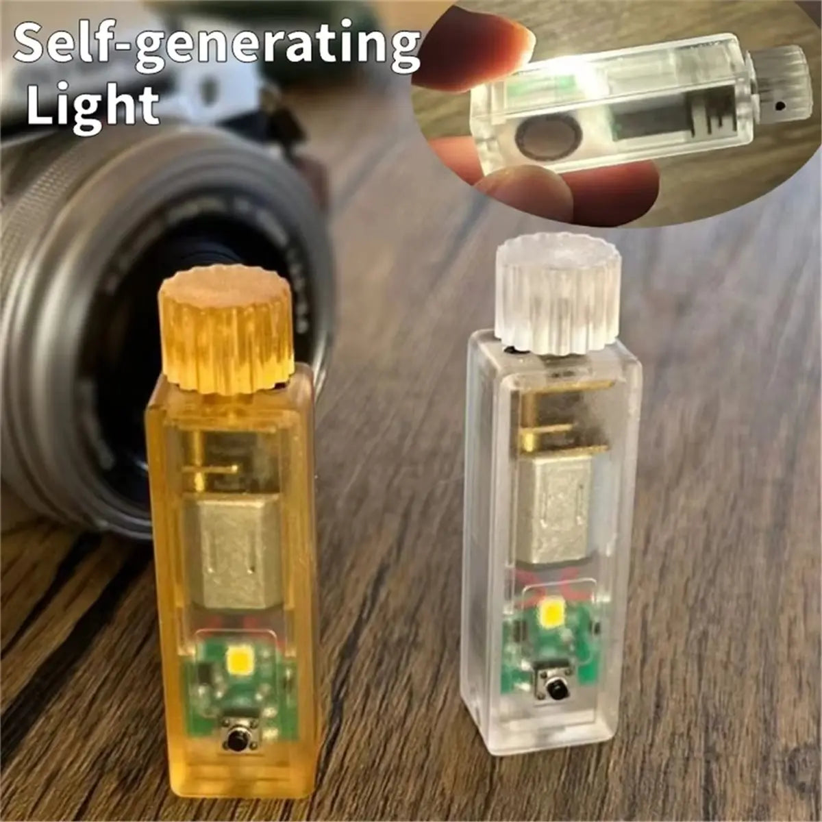 A clear plastic bottle containing a self-generating light bulb with an LED, resting on a wooden surface.