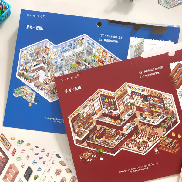 A set of stickers depicting a detailed 3D convenience store food scene layout and interior view.
