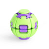 A lime green and purple 3D gear ball fidget toy with a spiral design.