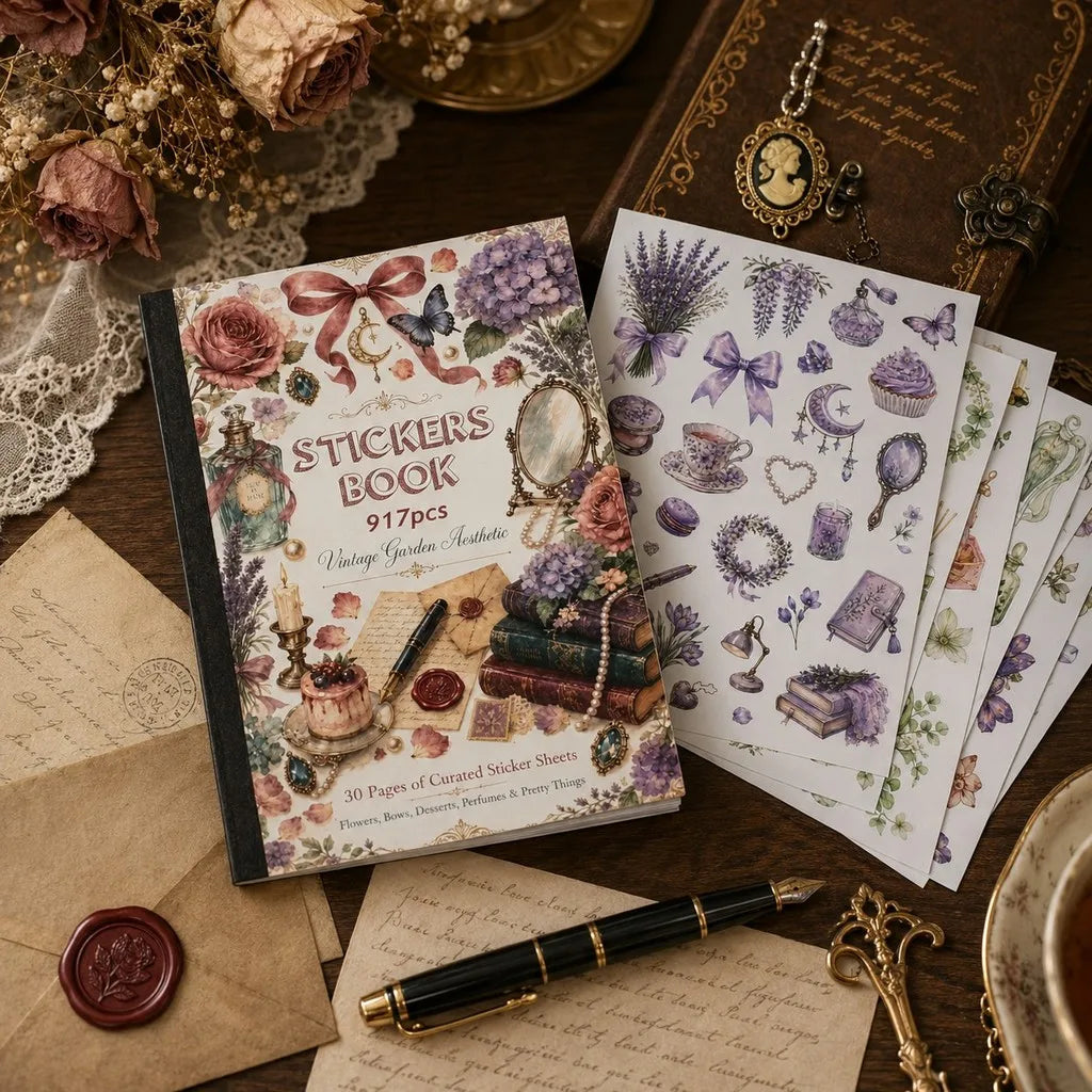 A collection of vintage floral and botanical stickers, including roses, lavender, and purple accents, displayed on a wooden s