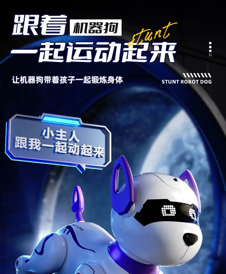A white and purple robotic dog toy is shown in a close-up, with text indicating it can perform various actions.