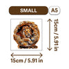 A small wooden jigsaw puzzle of a lion's head, measuring 15cm by 15cm.